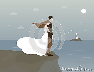 Couple embracing on a rock by the sea Vector Illustration