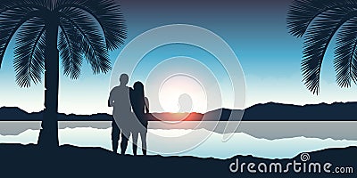 Couple enjoy the sunset on a beautiful palm beach Vector Illustration