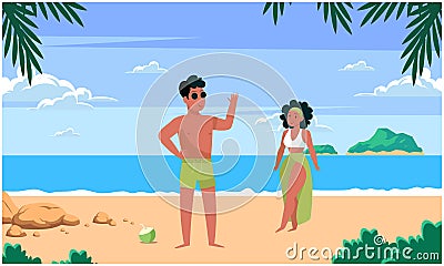 Couple is enjoying on the beach Vector Illustration