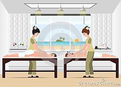 Couple enjoying full body massage treatment from masseur in a sp Vector Illustration