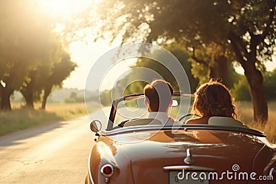 A couple enjoying a serene drive in a classic convertible car on a tree-lined road at sunset Stock Photo