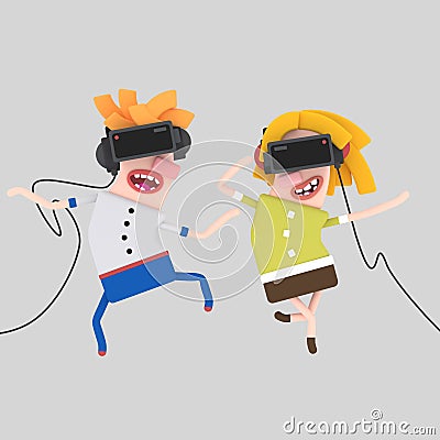 Couple enjoying with virtual reality set 3D Cartoon Illustration