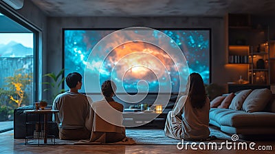 Couple enthralled by holographic screen in modern home, futuristic tech Stock Photo