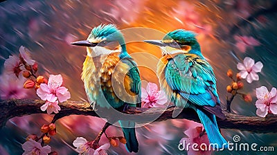 Couple of European bee-eater sitting on a branch with flowers, Generative AI Stock Photo