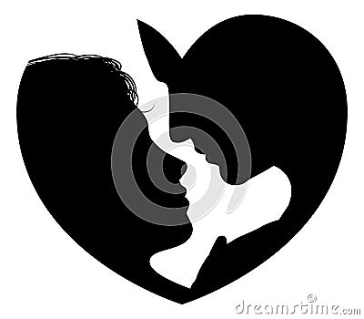 Couple faces heart silhouette Vector Illustration