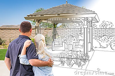 Couple Facing Pergola Drawing Gradating To Photo Stock Photo