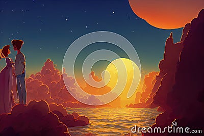 a couple falling in love scene, fantasy lake ocean scene, ai generated image Stock Photo