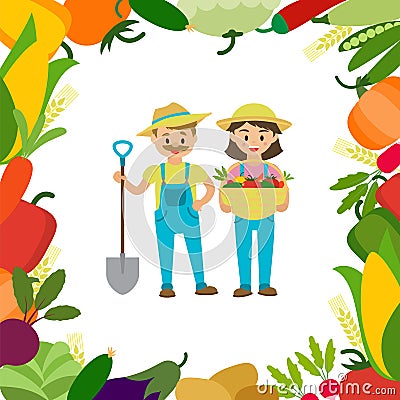 A couple of farmers with harvest vector illustration. Woman holding basket with fresh vegetables, man standing with Vector Illustration