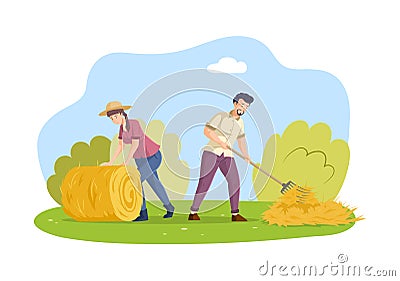 Couple farmers hay harvesting together. Man and woman agricultural worker collect harvest pitchfork Vector Illustration