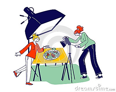 Couple of Female Characters Prepare Meal Making Professional Picture with Special Lighting Equipment and Camera Vector Illustration