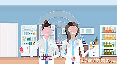 Couple female scientists working in hospital laboratory women researchers holding test tubes workplace office furniture Vector Illustration