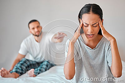 Couple, fight and stress in bedroom with man and woman arguing about cheating affair. Argument, conflict and divorce Stock Photo