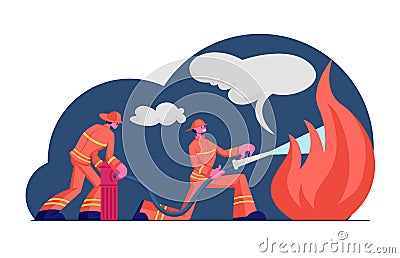 Couple of Firemen Fighting with Blaze at Burning House. Brave Male Characters Team in Firefighters Uniform and Hats Vector Illustration