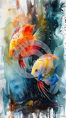 A couple of fish that are standing in the water, watercolor illustration, orange and blue discus fish in aquarium. Cartoon Illustration