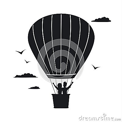Couple flying in a hot air balloon romantic trip silhouette Vector Illustration