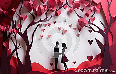 Couple in forest with hanging hearts, romantic setting Stock Photo