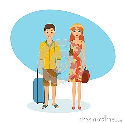 Couple with full luggage travels, spends holidays, and enjoys relaxing. Vector Illustration