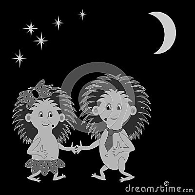 A couple of funny cartoon hedgehogs dating in the night Vector Illustration