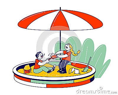 Couple of Funny Toddlers Playing at House Yard Sitting in Sandbox Fighting for Plastic Shovel, Children in Kindergarten Vector Illustration