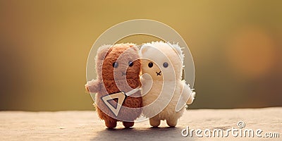 couple funny toy felt bears hugging in sunny weather, Lets Hug, banner Stock Photo