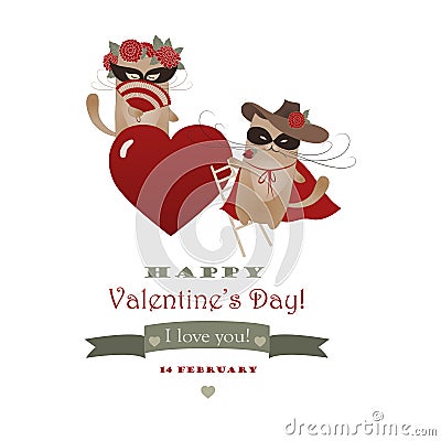 Couple of funny valentine cats, Zorro cat and his Vector Illustration