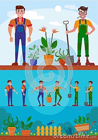 Couple of gardeners concept flat illustration. Two men in overalls with a shovel, ready to work in the garden. Gardening and flowe Vector Illustration