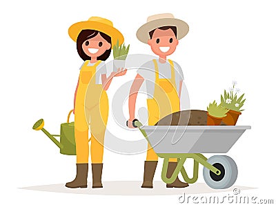 A couple of gardeners. Man with wheelbarrow of earth, a woman ho Cartoon Illustration
