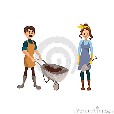 Couple of gardeners, man with wheelbarrow of earth, woman with shovel Vector Illustration