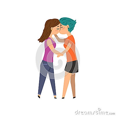 Couple of gay women embracing and kissing, lgbt girls in love cartoon vector Illustration Vector Illustration