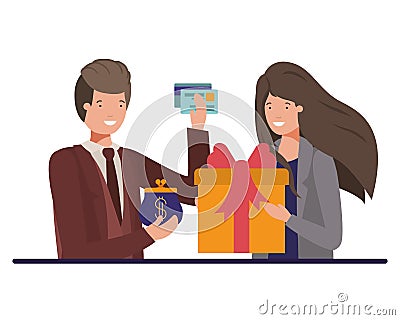 Couple with gift box and coin purse with credit card Vector Illustration