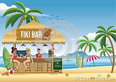 Couple girl enjoying summer at the tiki bar Vector Illustration