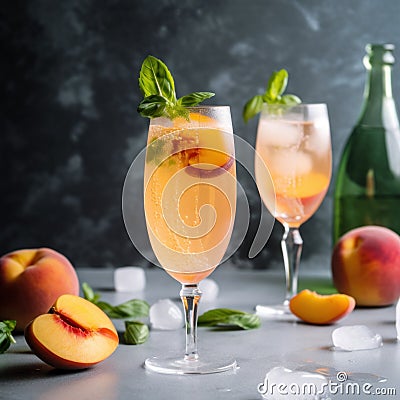 A couple of glasses filled with drinks next to peaches. Generative AI image. Stock Photo