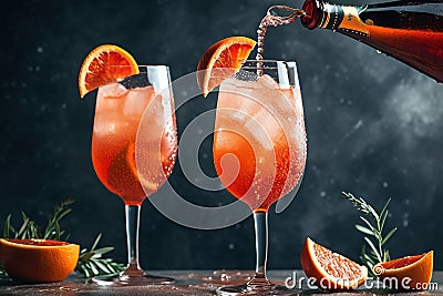 A couple of glasses filled with liquid and orange slices. Generative AI image. Stock Photo
