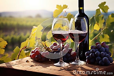 A couple of glasses of wine next to some grapes, providing an enjoyable wine tasting experience, Two glasses of red wine and a Stock Photo