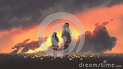 The couple in glowing flowers land Cartoon Illustration