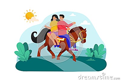 A couple goes horseback riding along picturesque trails in the morning Vector Illustration