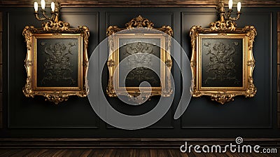 A couple of gold framed pictures hanging on a wall, AI Stock Photo