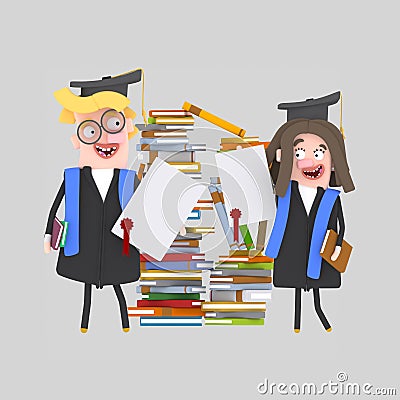 Couple graduate students with their diploma paper in front of a mountain of books Stock Photo