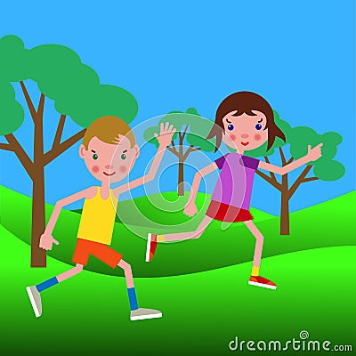 Couple of happy boy and girl running through the park Vector Illustration