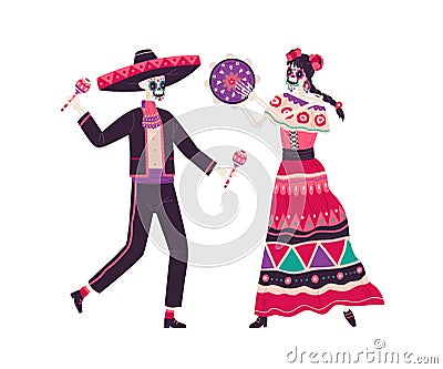 Couple of happy Mexican skeletons in holiday costumes for Day of Dead. Catrina and skull man dance and play music with Vector Illustration