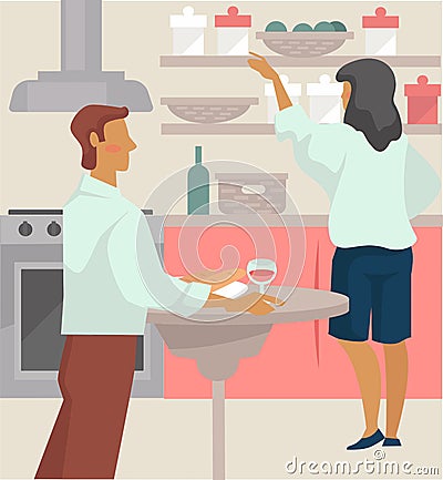Couple have glass of wine and prepare dinner in kitchen Vector Illustration
