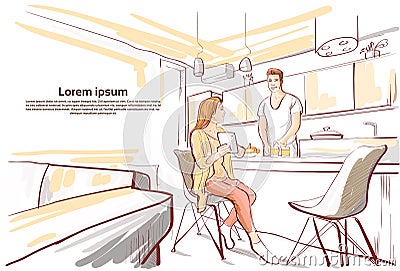 Couple Having Breakfast, Woman Show Tablet Computer To Man Cooking Food Kitchen Studio Vector Illustration