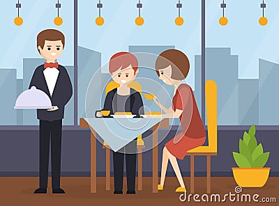 Couple Having Dinner in Restaurant, Waiter Serving and Taking Order Dishes, Hotel Restaurant Interior Cartoon Vector Vector Illustration