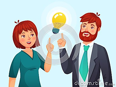 Couple having idea. Husband and wife have solution, adult male and female solved problem or ideas lamp cartoon vector Vector Illustration
