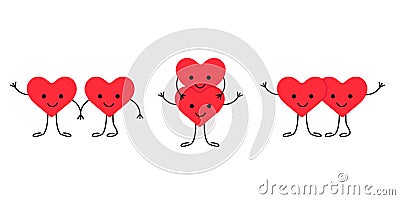 Couple of heart, love relationship, kawaii character. Pair happy smiling hearts. Couple in love. Valentines Day. Vector Vector Illustration