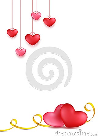 Couple hearts with golden calligraphy stripe. Hanging red, rose heart. Valentines day greeting card design in 3d style on white ba Stock Photo