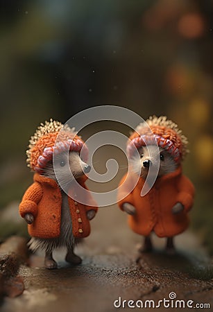 A couple of hedgehogs in clothes - anthropomorphic image Stock Photo