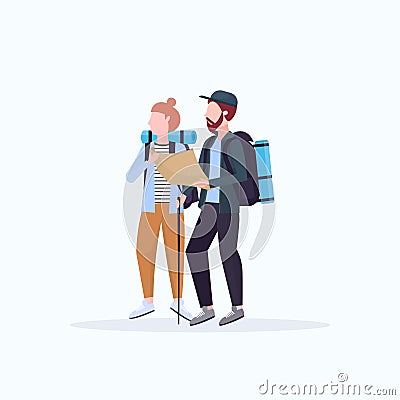 Couple hikers with backpacks holding travel map man woman planning the route hiking concept travelers on hike full Vector Illustration