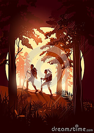 A couple Hiking Through a Forest Vector Illustration