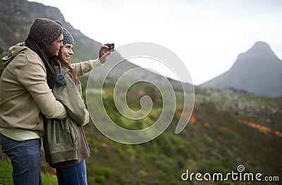 Couple, hiking selfie and mountains for travel, journey and adventure with photography and mock up space. Happy people Stock Photo